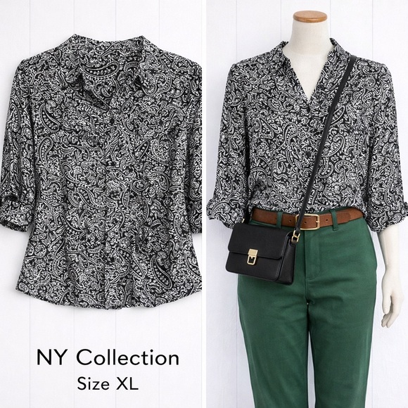 NY Collection Tops - NY Collection Black & White Paisley Blouse | Size XL | Roll-Tab Sleeves